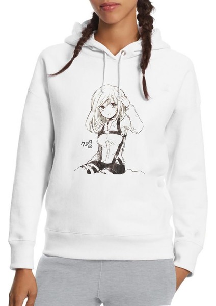 Anime Attack On Titan Baskılı Beyaz Kadın Örme Kapşonlu Sweatshirt Uzun Kol