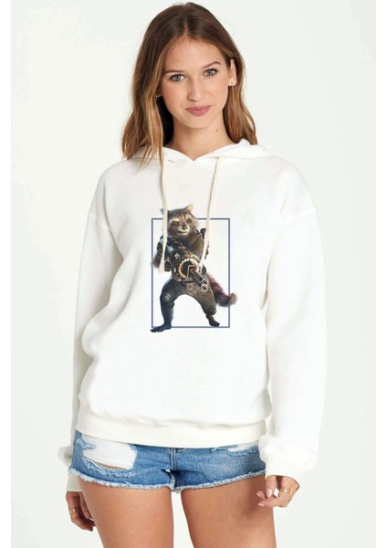 Rakun Rocket Baskılı Beyaz Kadın Örme Kapşonlu Sweatshirt Uzun Kol