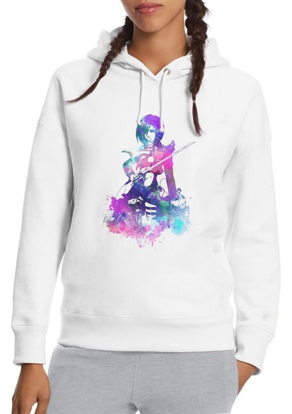 Anime Attack On Titan Baskılı Beyaz Kadın Örme Kapşonlu Sweatshirt Uzun Kol