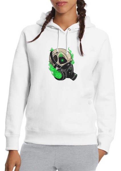 Gta V Clan Logo Baskılı Beyaz Kadın Örme Kapşonlu Sweatshirt Uzun Kol