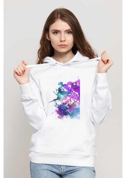 Anime Attack On Titan Baskılı Beyaz Kadın Örme Kapşonlu Sweatshirt Uzun Kol