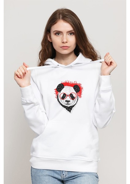 Gözlüklü Panda Baskılı Beyaz Kadın Örme Kapşonlu Sweatshirt Uzun Kol