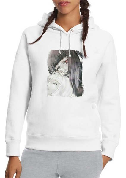 Anime Tokyo Ghoul Anteiku Baskılı Beyaz Kadın Örme Kapşonlu Sweatshirt Uzun Kol