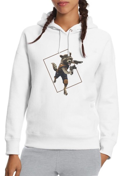 Rakun Rocket Baskılı Beyaz Kadın Örme Kapşonlu Sweatshirt Uzun Kol