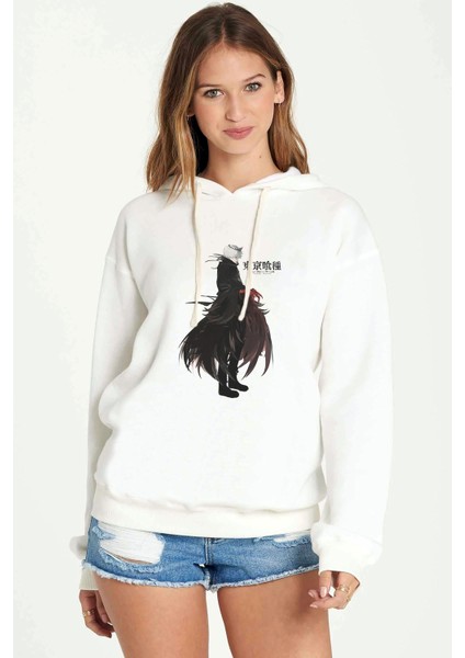 Anime Tokyo Ghoul Anteiku Baskılı Beyaz Kadın Örme Kapşonlu Sweatshirt Uzun Kol