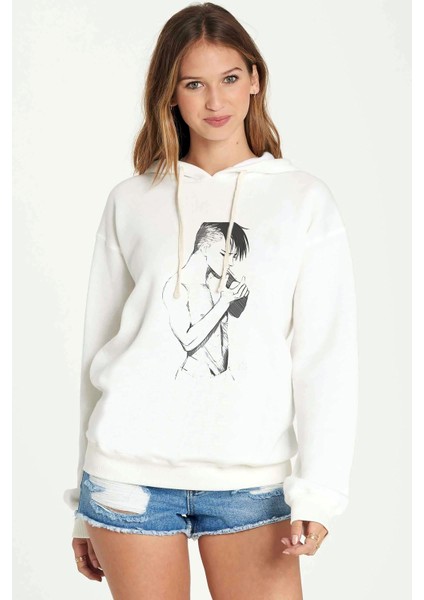 Anime Attack On Titan Baskılı Beyaz Kadın Örme Kapşonlu Sweatshirt Uzun Kol