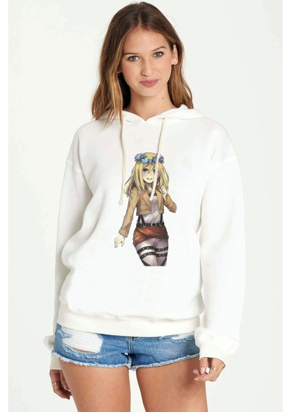 Anime Attack On Titan Baskılı Beyaz Kadın Örme Kapşonlu Sweatshirt Uzun Kol