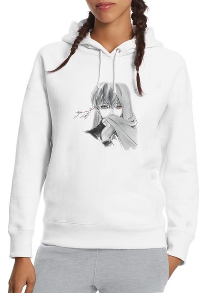 Anime Tokyo Ghoul Anteiku Baskılı Beyaz Kadın Örme Kapşonlu Sweatshirt Uzun Kol