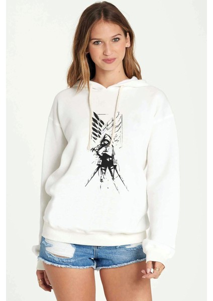 Anime Attack On Titan Baskılı Beyaz Kadın Örme Kapşonlu Sweatshirt Uzun Kol