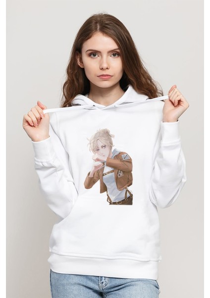 Anime Attack On Titan Baskılı Beyaz Kadın Örme Kapşonlu Sweatshirt Uzun Kol