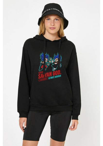 Anime Dragon Ball Baskılı Siyah Kadın Örme Kapşonlu Sweashirt Uzun Kol