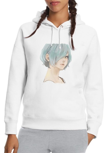 Anime Tokyo Ghoul Anteiku Baskılı Beyaz Kadın Örme Kapşonlu Sweatshirt Uzun Kol