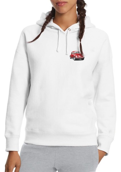 Kırmızı Araba Tosbağa Baskılı Beyaz Kadın Örme Kapşonlu Sweatshirt Uzun Kol
