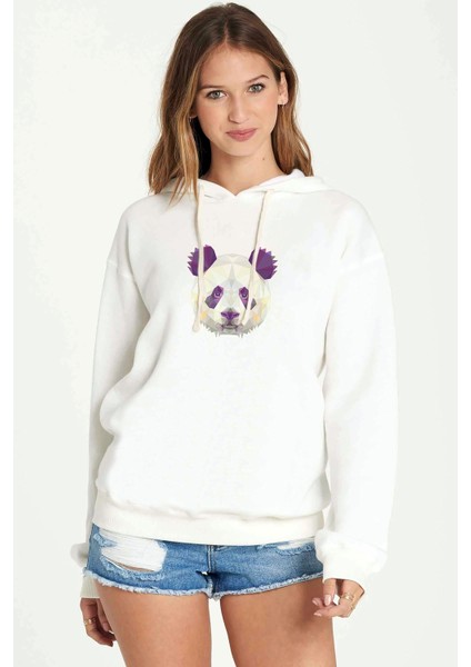 Polygonal Head Panda Baskılı Beyaz Kadın Örme Kapşonlu Sweatshirt Uzun Kol