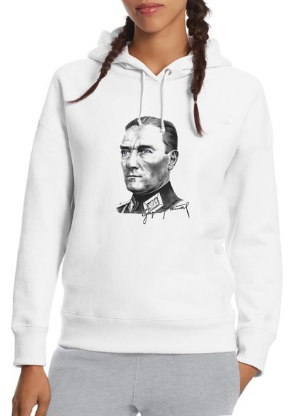 Gazi M Kemal Atatürk Portre Baskılı Beyaz Kadın Örme Kapşonlu Sweatshirt Uzun Kol