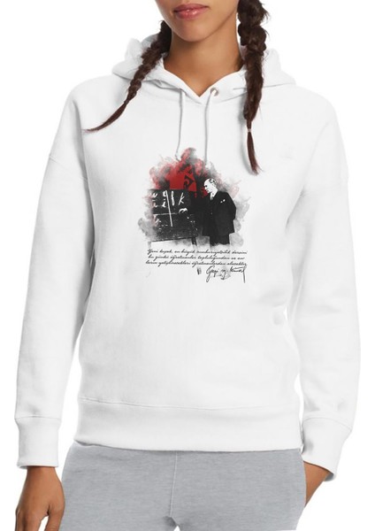 Öğretmenler Günü Ataturk Baskılı Beyaz Kadın Örme Kapşonlu Sweatshirt Uzun Kol