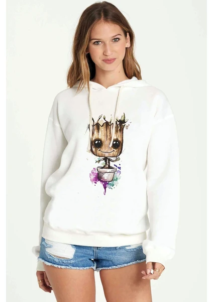 I Am Groot Water Color Baskılı Beyaz Kadın Örme Kapşonlu Sweatshirt Uzun Kol