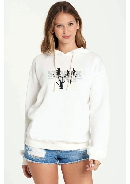Stranger Things Bisiklet Canavar Baskılı Beyaz Kadın Örme Kapşonlu Sweatshirt Uzun Kol