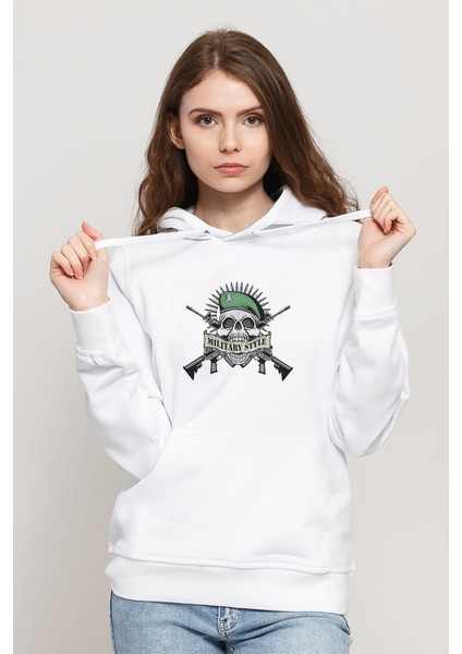Askeri Style Baskılı Beyaz Kadın Örme Kapşonlu Sweatshirt Uzun Kol