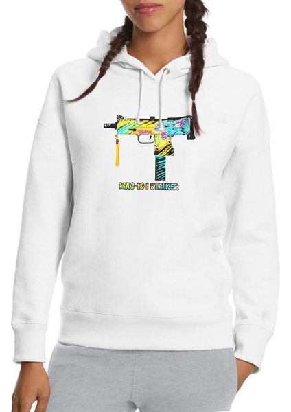 Mac 1o I Stalker Baskılı Beyaz Kadın Örme Kapşonlu Sweatshirt Uzun Kol