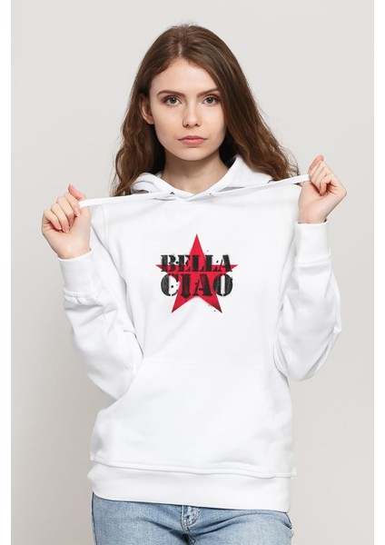 La Case De Papel Bella Ciao Baskılı Beyaz Kadın Örme Kapşonlu Sweatshirt Uzun Kol