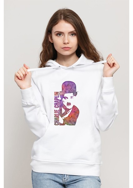 Charlie Chaplin Water Brush Baskılı Beyaz Kadın Örme Kapşonlu Sweatshirt Uzun Kol