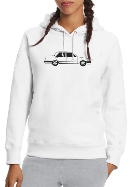 Şahin Baskılı Beyaz Kadın Örme Kapşonlu Sweatshirt Uzun Kol