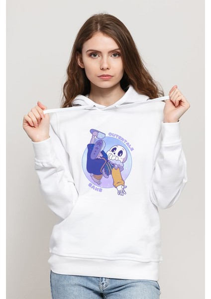 Undertale Sans Baskılı Beyaz Kadın Örme Kapşonlu Sweatshirt Uzun Kol