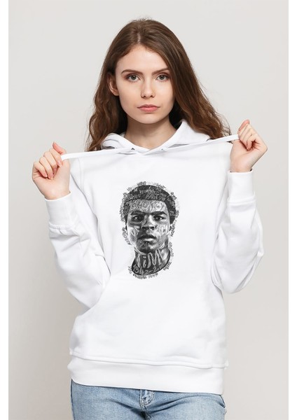 Muhammed Ali Illustrator Baskılı Beyaz Kadın Örme Kapşonlu Sweatshirt Uzun Kol
