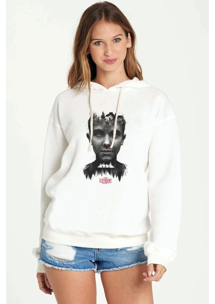 Stranger Things The Upside Down Baskılı Beyaz Kadın Örme Kapşonlu Sweatshirt Uzun Kol