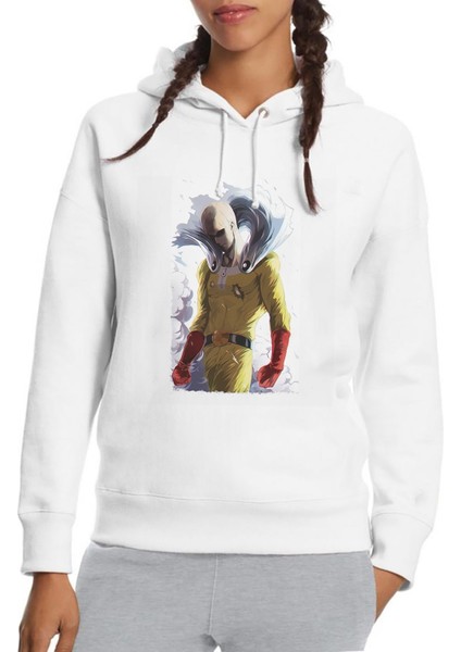 Anime One Punch Man Baskılı Beyaz Kadın Örme Kapşonlu Sweatshirt Uzun Kol