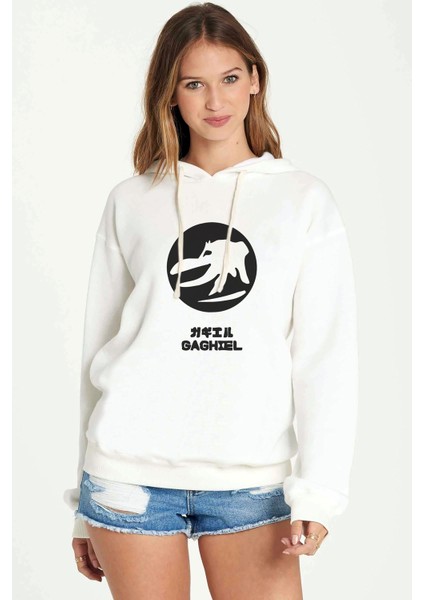 Evangelion Gaghıel Baskılı Beyaz Kadın Örme Kapşonlu Sweatshirt Uzun Kol