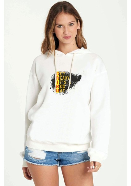 Grind Get Ready It's A New Baskılı Beyaz Kadın Örme Kapşonlu Sweatshirt Uzun Kol
