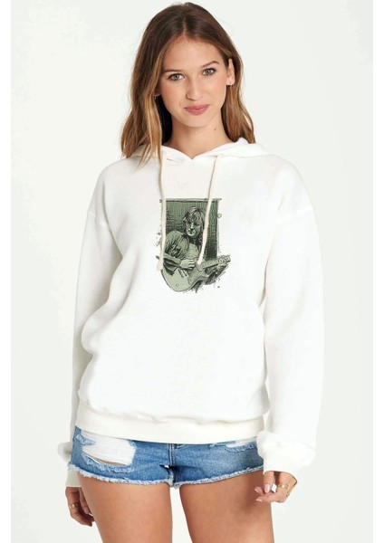 The Beatles T John Lennon Metal Baskılı Beyaz Kadın Örme Kapşonlu Sweatshirt Uzun Kol