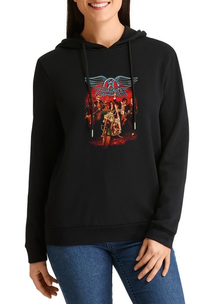 Aerosmith Metal Rocl Müzik Music Baskılı Siyah Kadın Örme Kapşonlu Sweashirt Uzun Kol