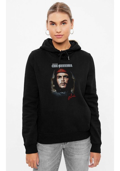Che Guevara Metal Rock Baskılı Siyah Kadın Örme Kapşonlu Sweashirt Uzun Kol