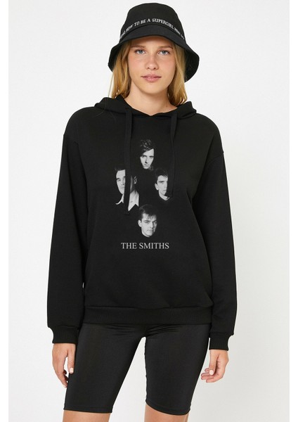 The Smiths Sound Baskılı Siyah Kadın Örme Kapşonlu Sweashirt Uzun Kol