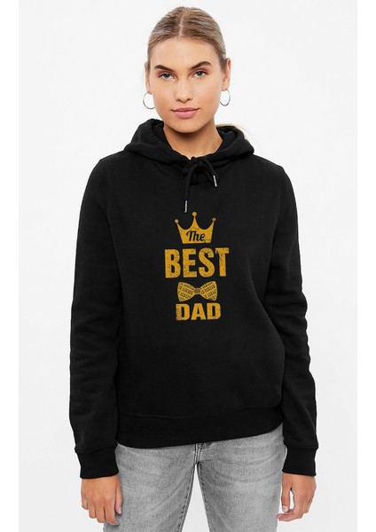 The Best Dad Baskılı Siyah Kadın Örme Kapşonlu Sweashirt Uzun Kol