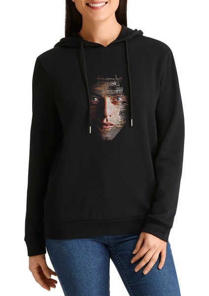 Mr Robot 2 Baskılı Siyah Kadın Örme Kapşonlu Sweashirt Uzun Kol