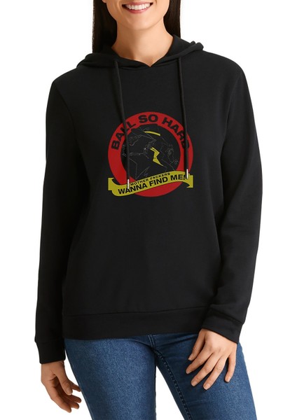 Carmen Sandiego Ball So Hard Baskılı Siyah Kadın Örme Kapşonlu Sweashirt Uzun Kol