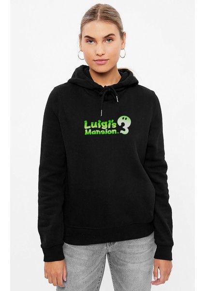 Luigi's Mansion 3 Logo Baskılı Siyah Kadın Örme Kapşonlu Sweashirt Uzun Kol