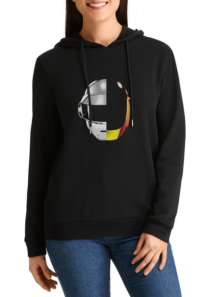 Daft Punk Ram Baskılı Siyah Kadın Örme Kapşonlu Sweashirt Uzun Kol