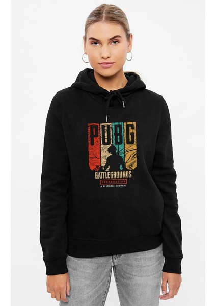 Pubg Battlegrounds Corporation Baskılı Siyah Kadın Örme Kapşonlu Sweashirt Uzun Kol