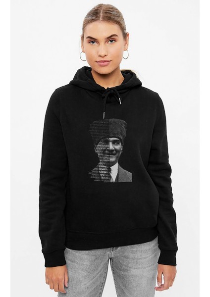 Atatürk Gençliğe Hitabe Baskılı Siyah Kadın Örme Kapşonlu Sweashirt Uzun Kol
