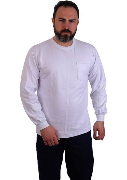 Bisiklet Yaka Sweatshirt - Cepli - Beyaz