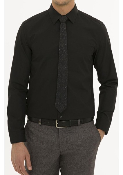 Giyim Erkek Slim Fit Düz Siyah Gömlek