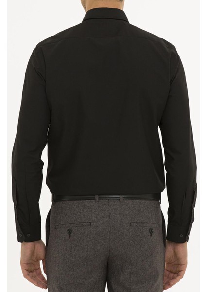 Giyim Erkek Slim Fit Düz Siyah Gömlek modelleri