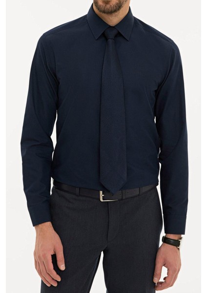 Giyim Erkek Slim Fit Düz Lacivert Gömlek
