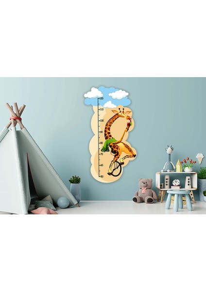 Bisikletli Sevilmli Zürafa Ve Bulutlar Boy Ölçer Çocuk Odası Duvar Sticker