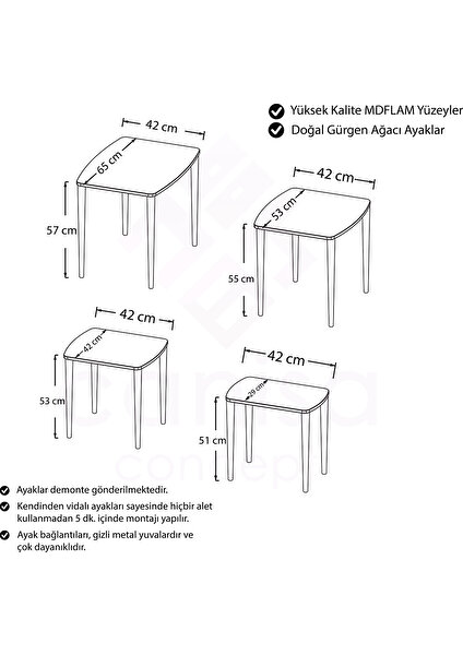 Concept Anka Serisi Mdf 4'lü Zigon Sehpa Takımı Beyaz